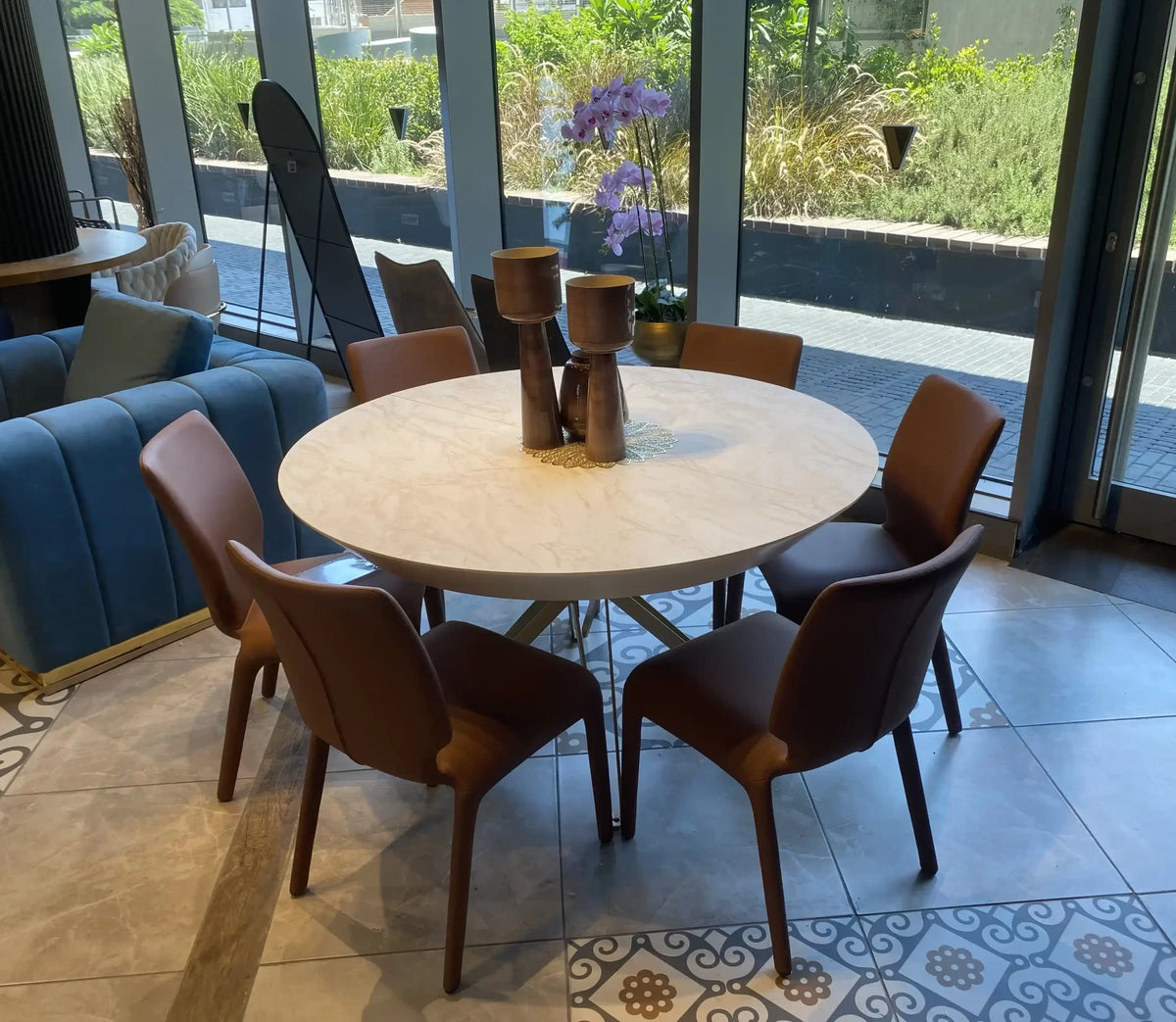 Meital round marble look dining table on gold star base, view 6