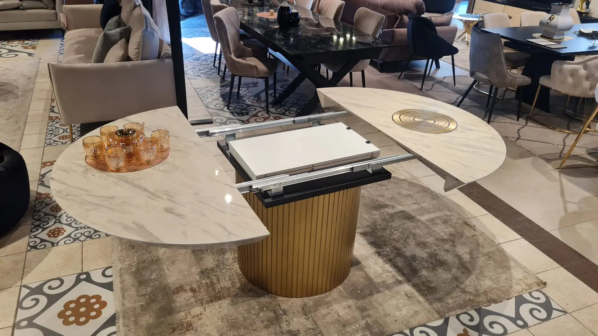 Vegas round marble look dining table on fluted gold drum, view 3