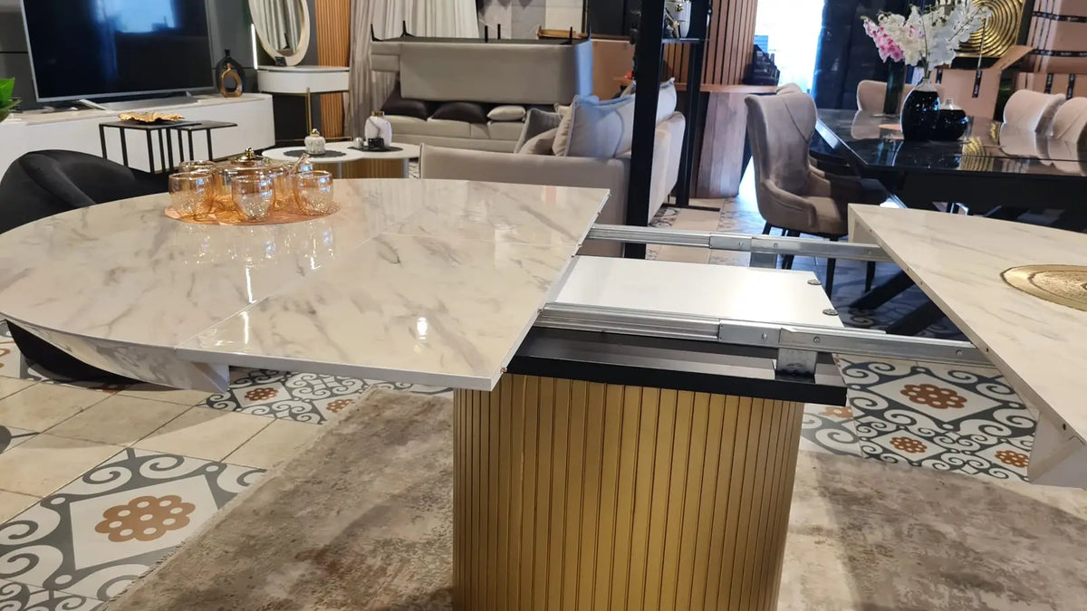Vegas round marble look dining table on fluted gold drum, view 4