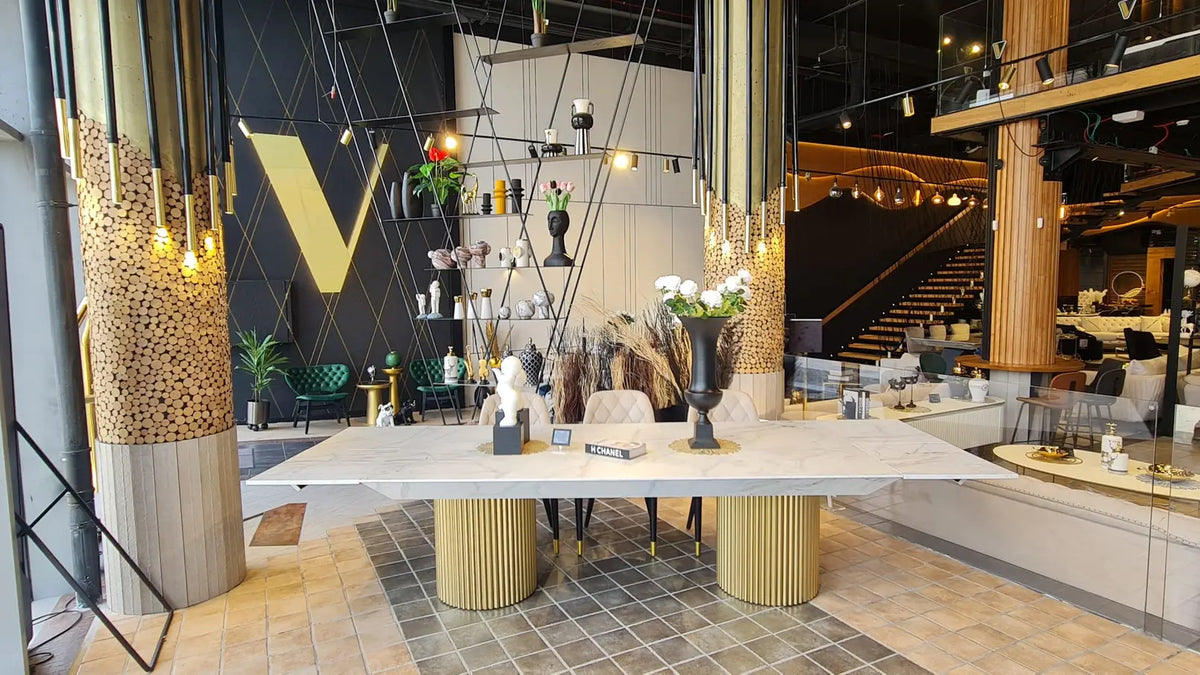 King marble look dining table on fluted gold drums, view 5