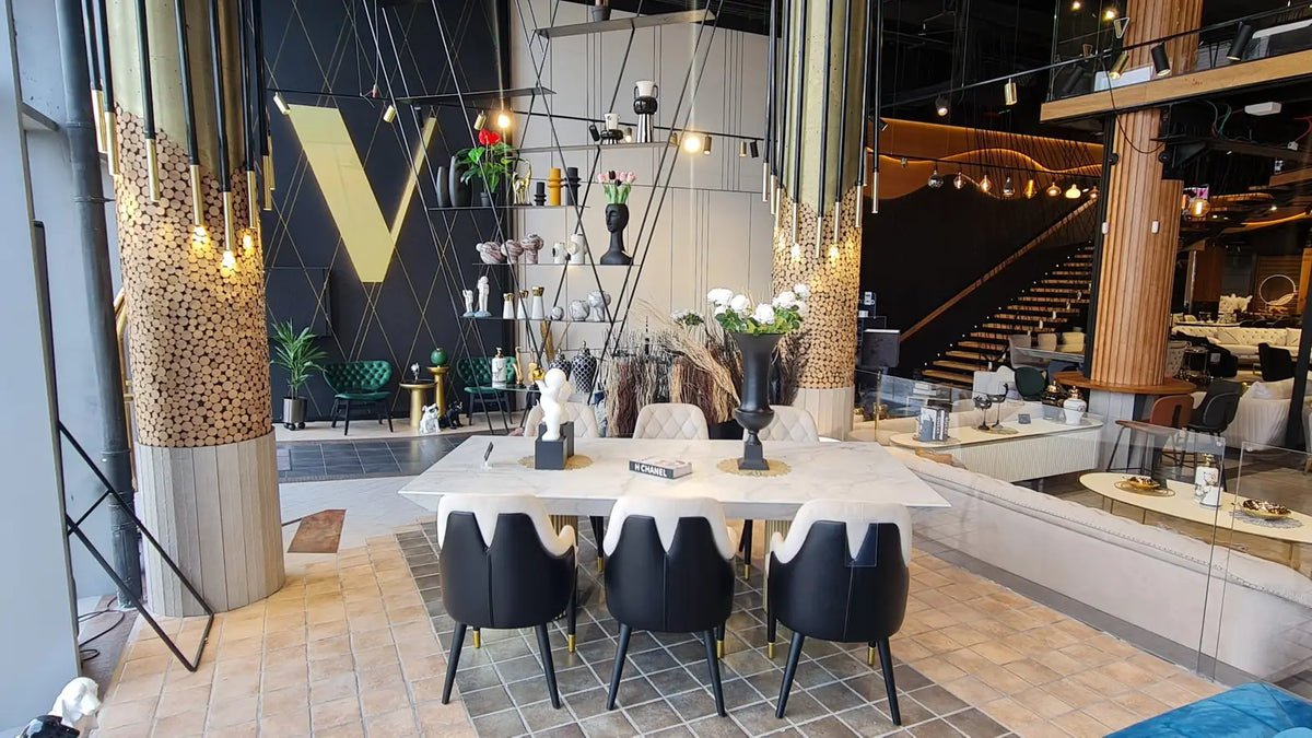 King marble look dining table on fluted gold drums, view 3