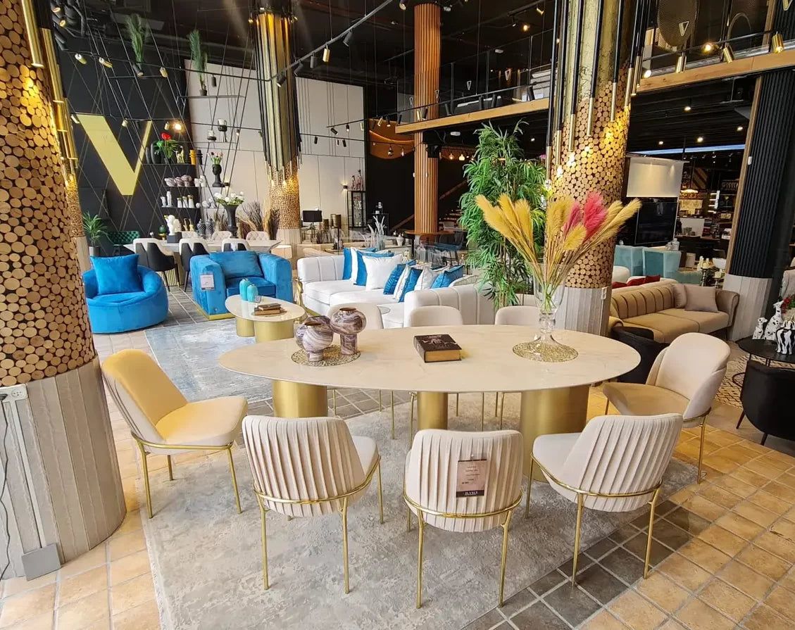 Kinder organic oval marble look dining table on gold cylinders, view 3