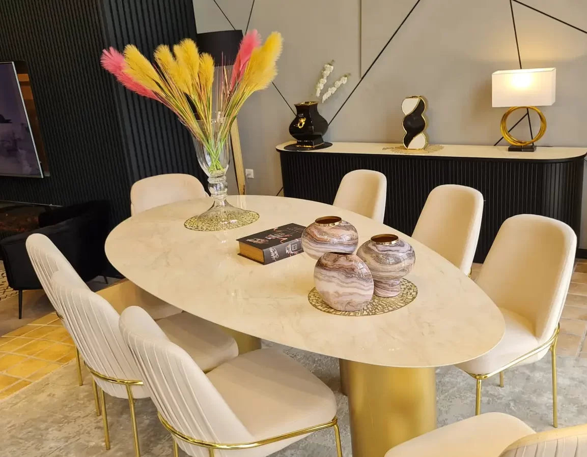 Kinder organic oval marble look dining table on gold cylinders, view 5