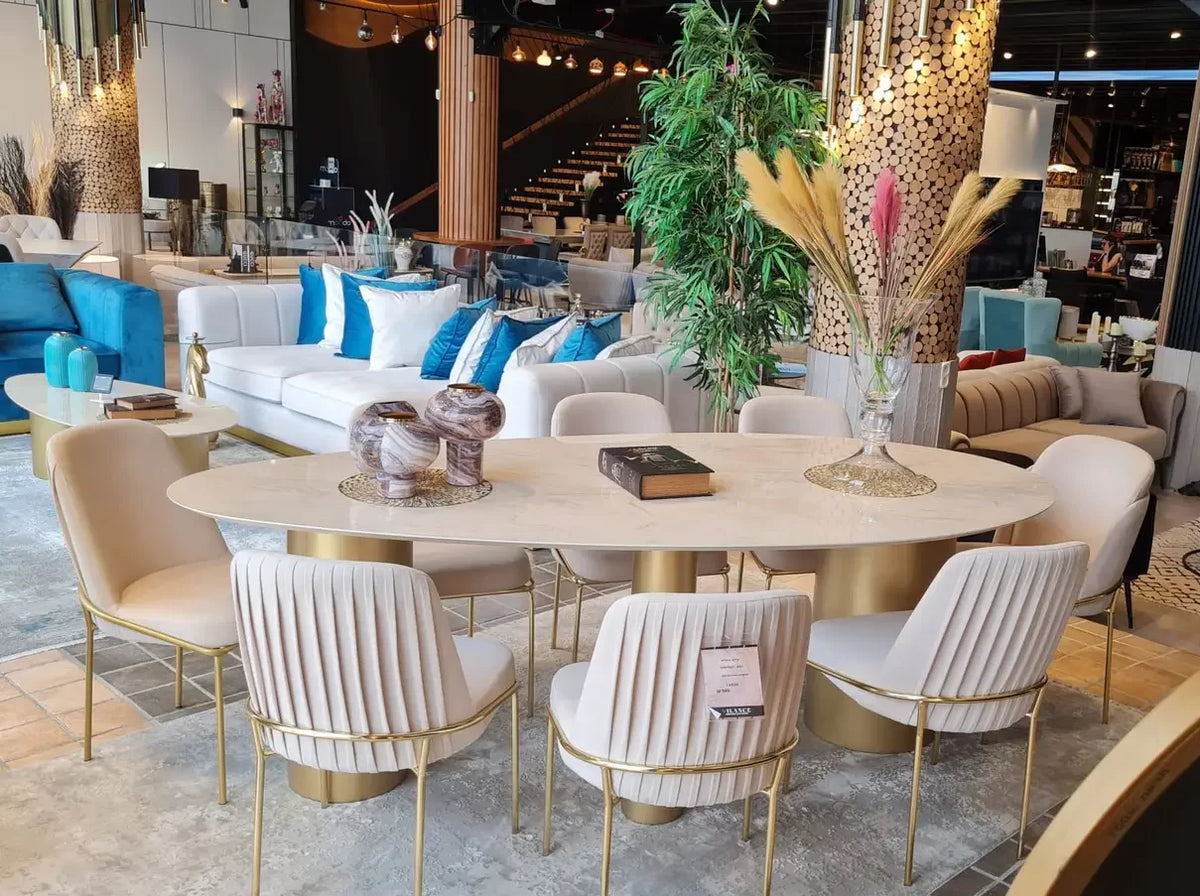 Kinder organic oval marble look dining table on gold cylinders, view 4