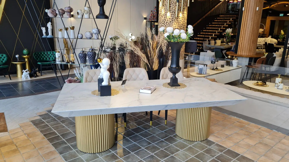 King marble look dining table on fluted gold drums, view 2