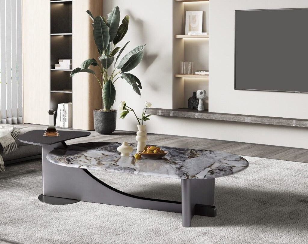 Art two level coffee table with marble look top and dark gray tray, view 3