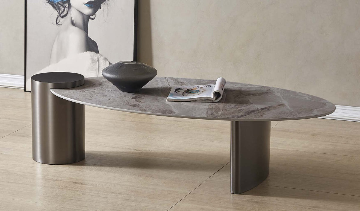 Billy oval gray marble look coffee table on bronze cylinder base, view 3