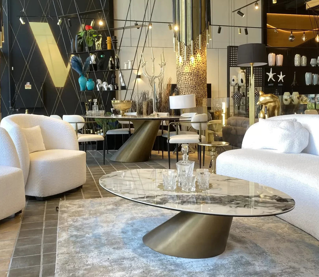 Netz oval porcelain coffee table on angled brushed gold base, view 4