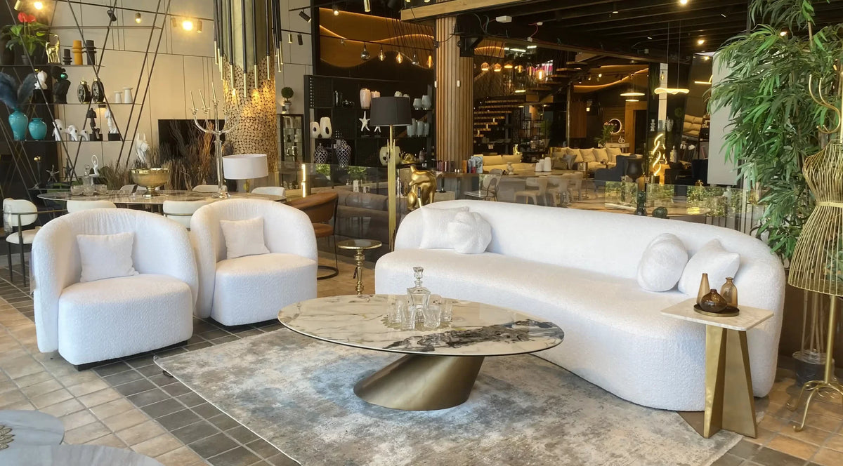 Netz oval porcelain coffee table on angled brushed gold base, view 6