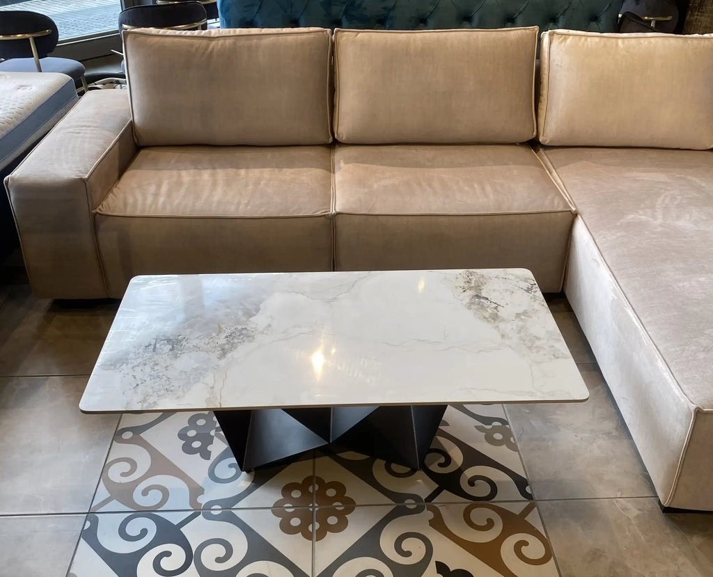 Viva marble look porcelain coffee table on faceted black base, view 4
