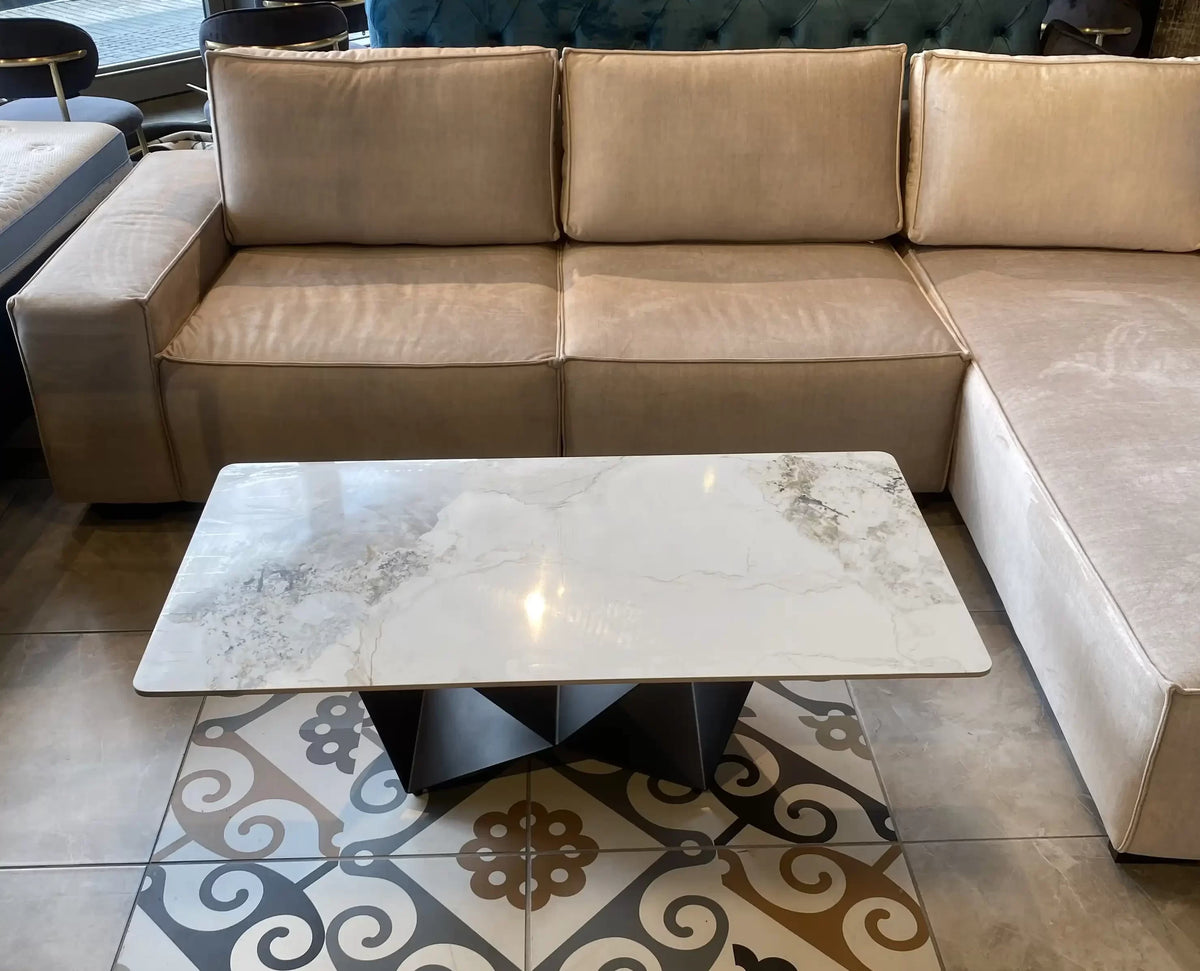 Viva marble look porcelain coffee table on faceted black base, view 4