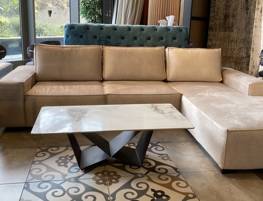 Viva marble look porcelain coffee table on faceted black base, view 3