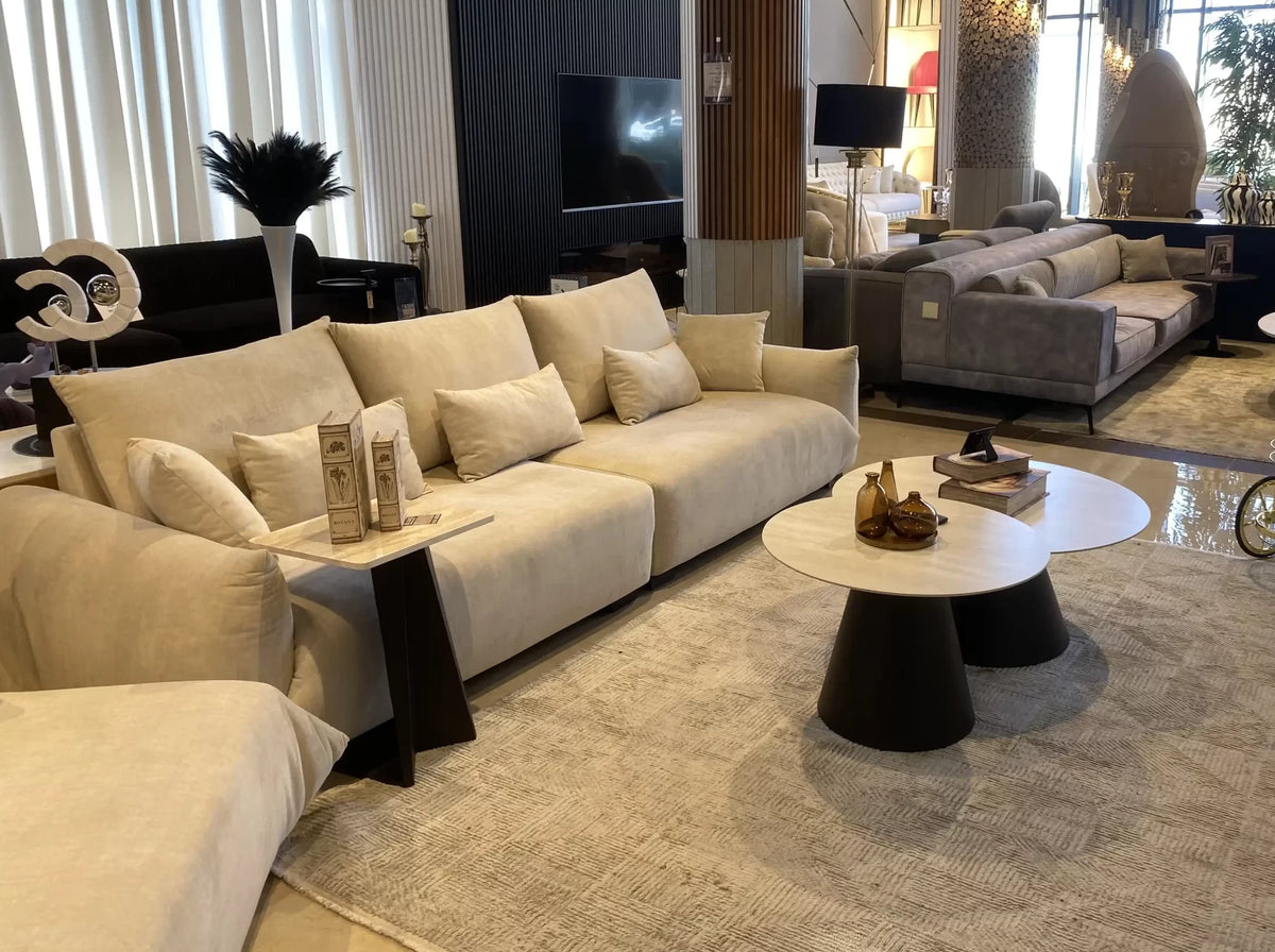 Verona pair of round travertine look tables on black cones, view 4