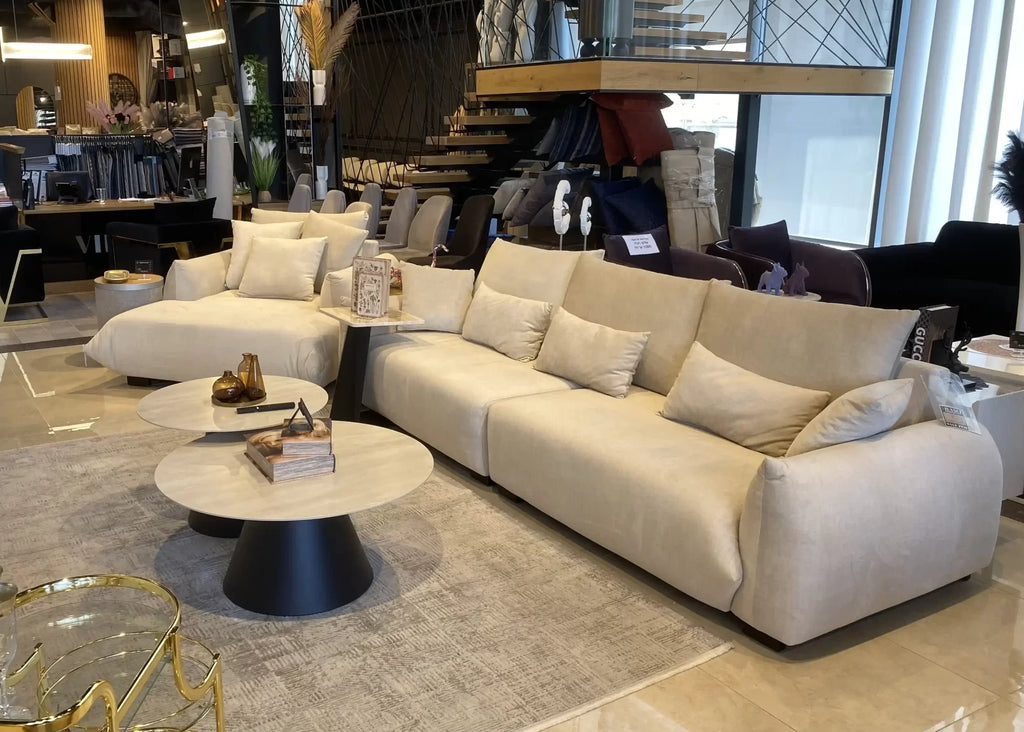 Verona pair of round travertine look tables on black cones, view 5