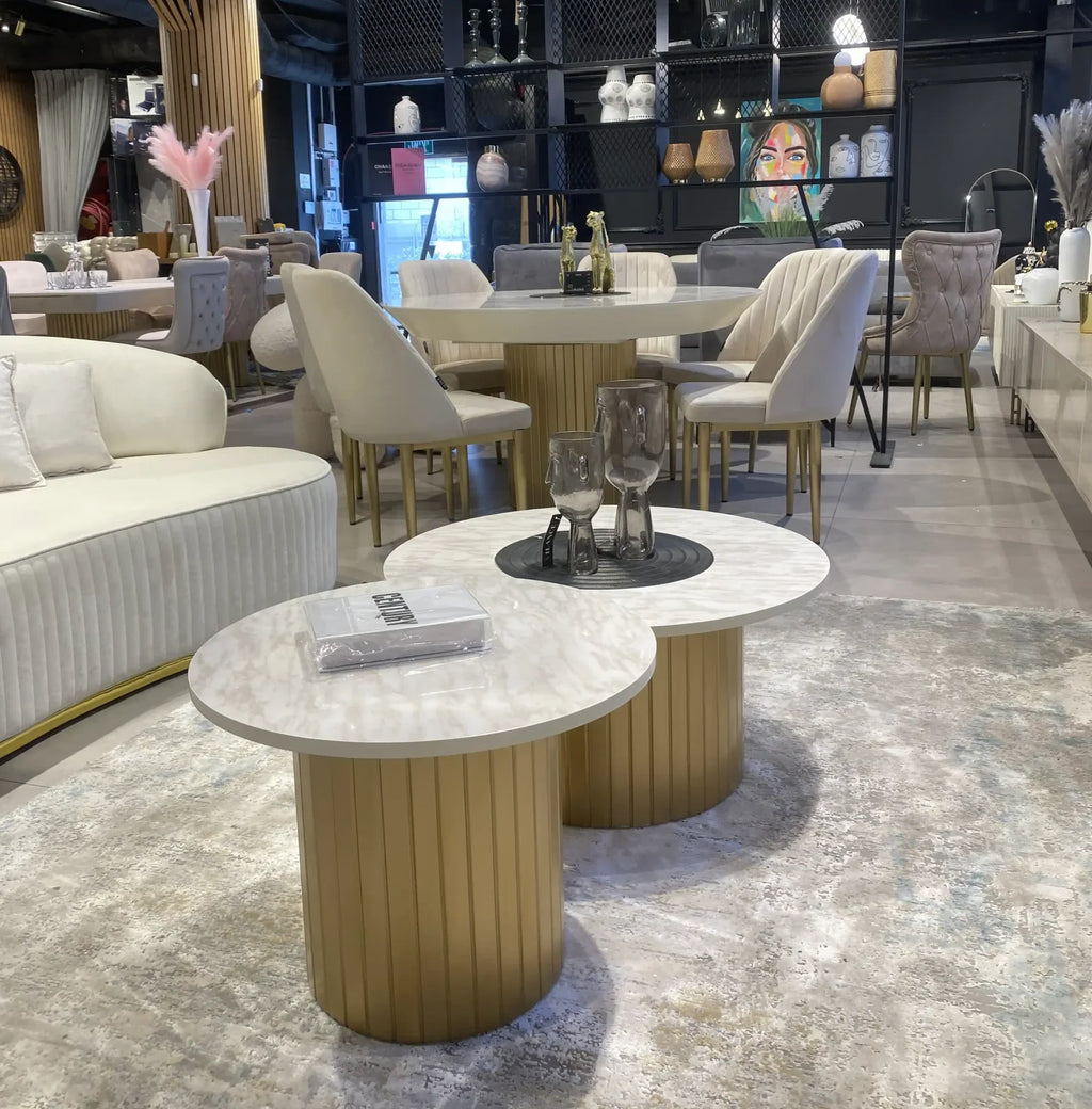 Vegas pair of marble look tables on fluted gold drums, view 5