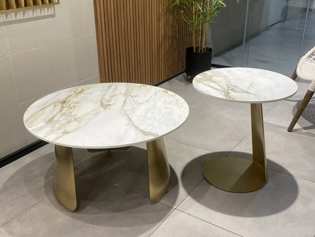Tokyo round marble look coffee tables on curved gold legs, view 3