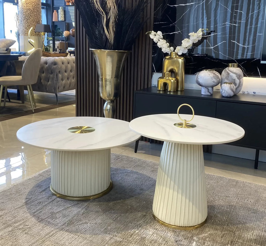 Sydney pair of marble look tables on fluted pedestals with gold details, view 3