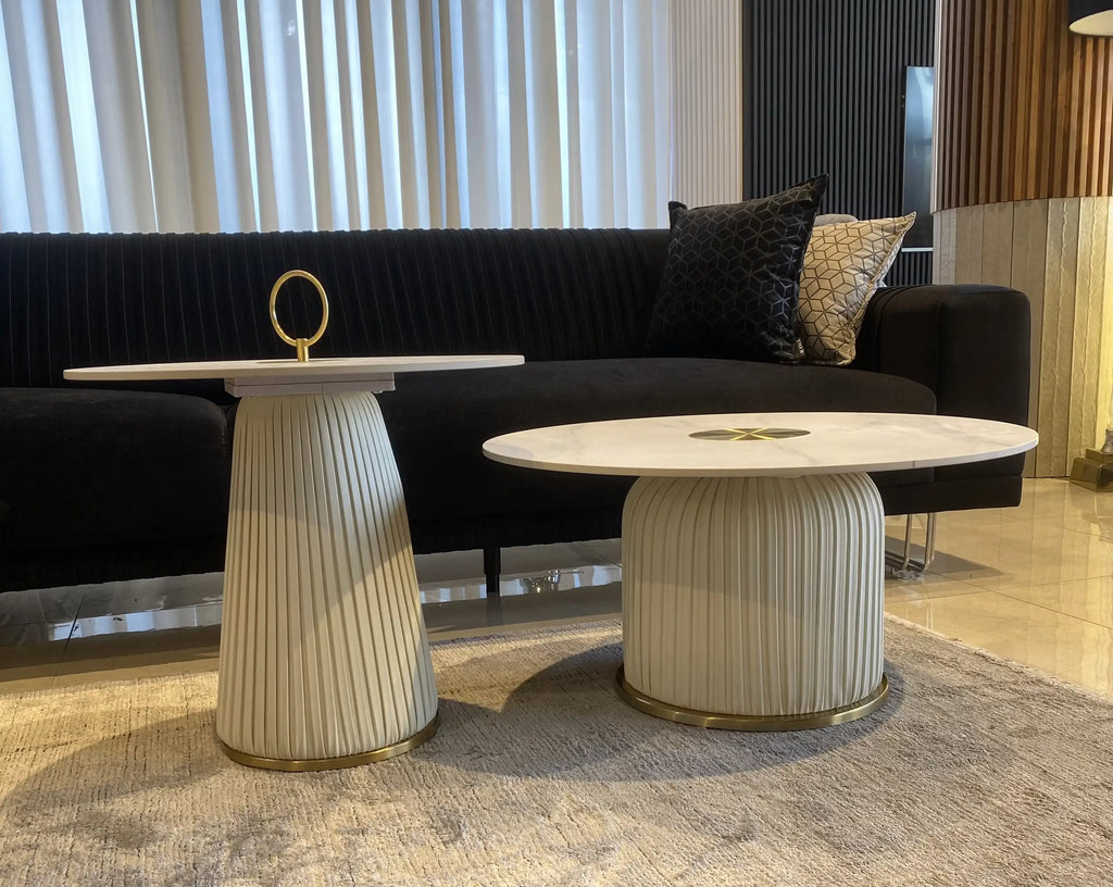 Sydney pair of marble look tables on fluted pedestals with gold details, view 4