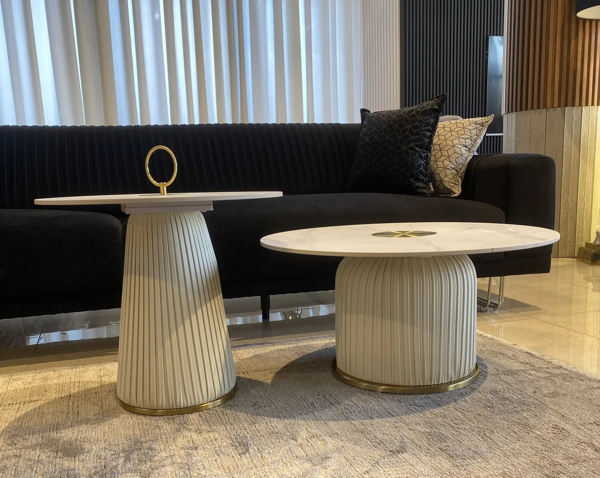 Sydney pair of marble look tables on fluted pedestals with gold details, view 4