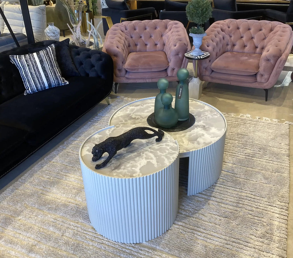 Toronto pair of fluted cream drum tables with marble look tops, view 4