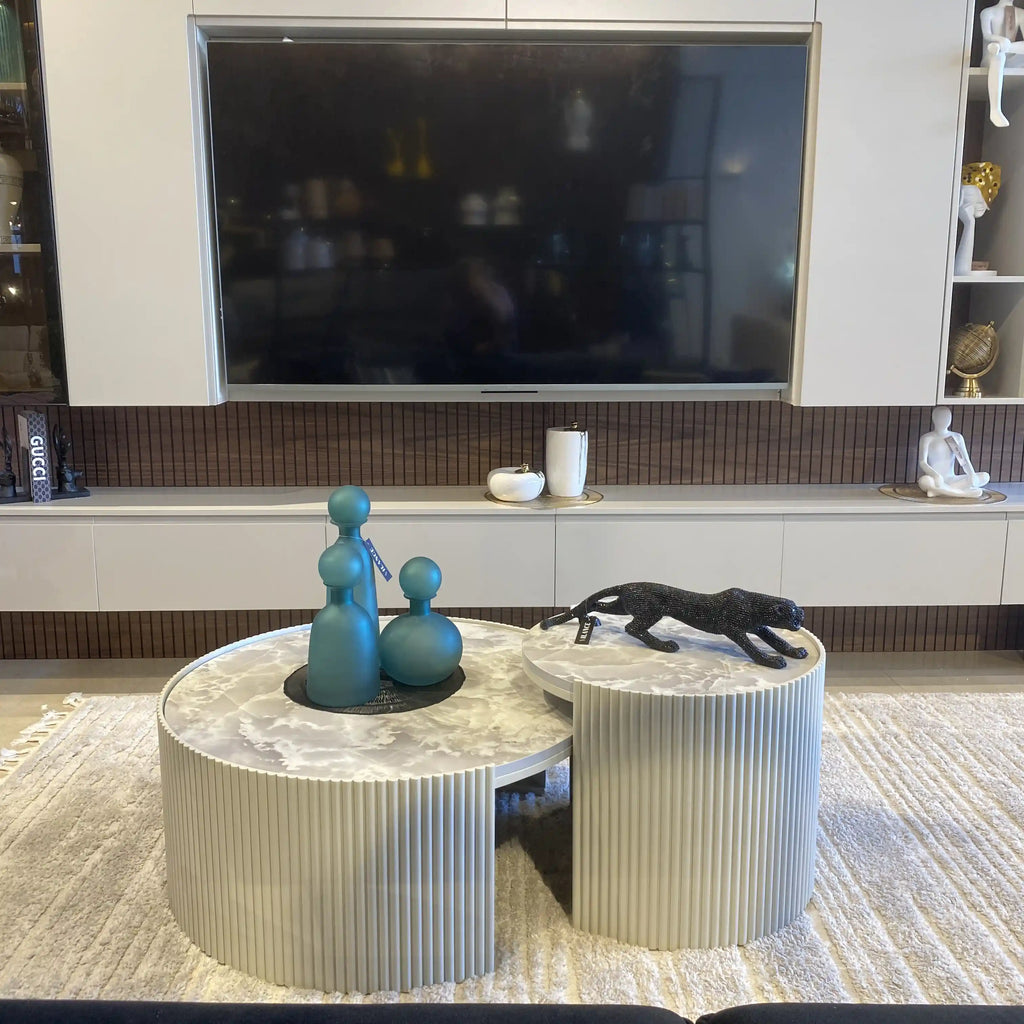 Toronto pair of fluted cream drum tables with marble look tops, view 3