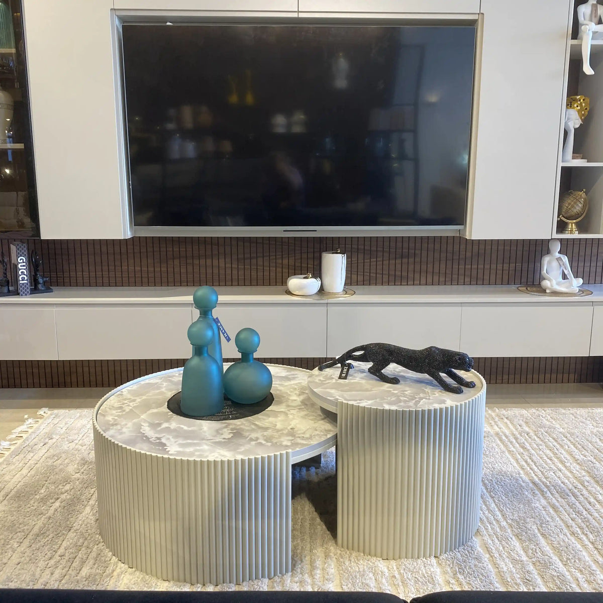 Toronto pair of fluted cream drum tables with marble look tops, view 3