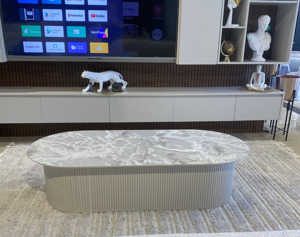 Star oval marble look coffee table on fluted ivory base, view 5