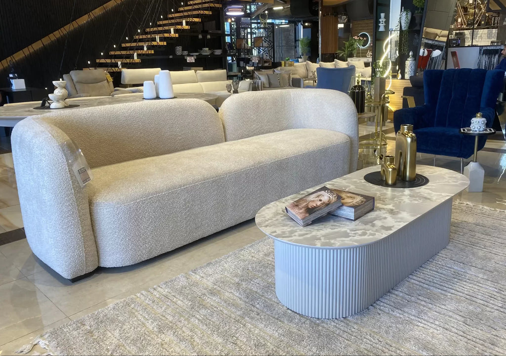 Star oval marble look coffee table on fluted ivory base, view 4