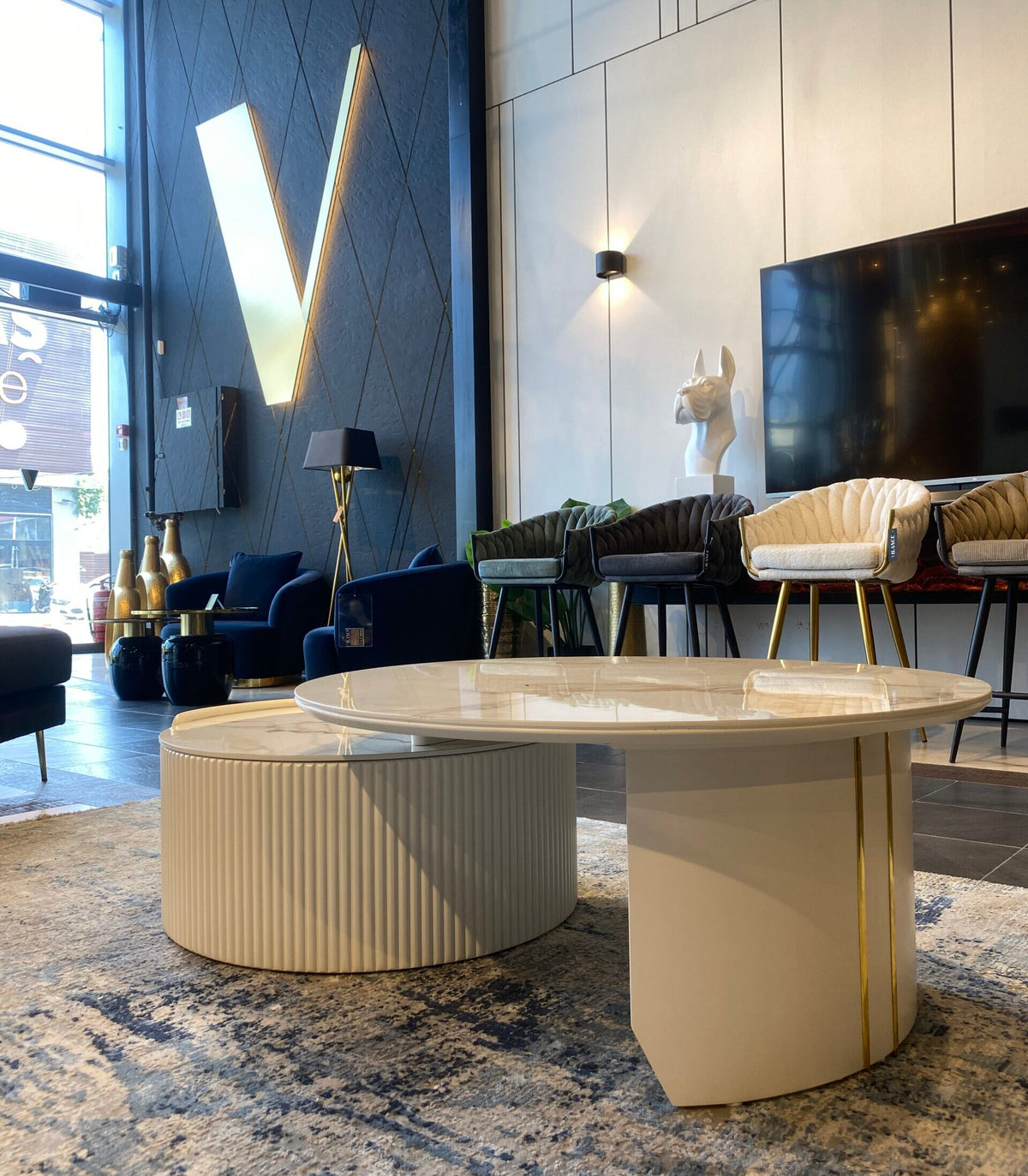 Rihanna pair of porcelain coffee tables fluted drum and curved leg, view 2