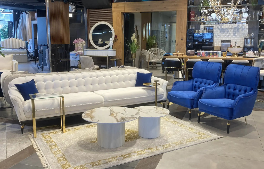 Vegas pair of marble look tables on fluted gold drums, view 4