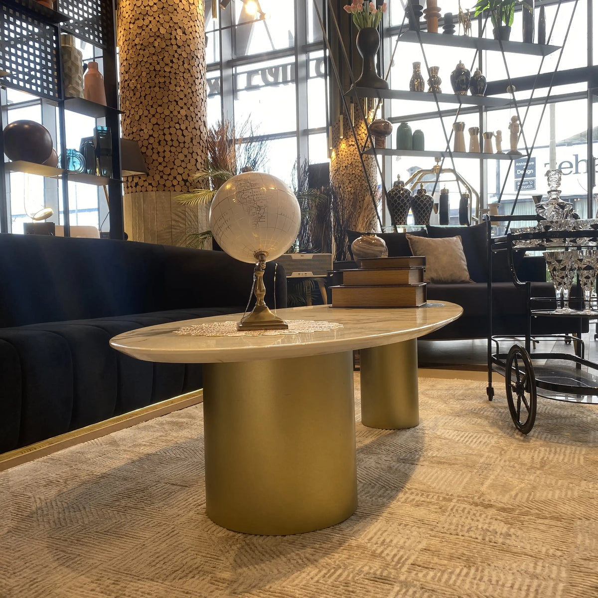 Kinder oval epoxy coffee table with gold veining on gold cylinders, view 7