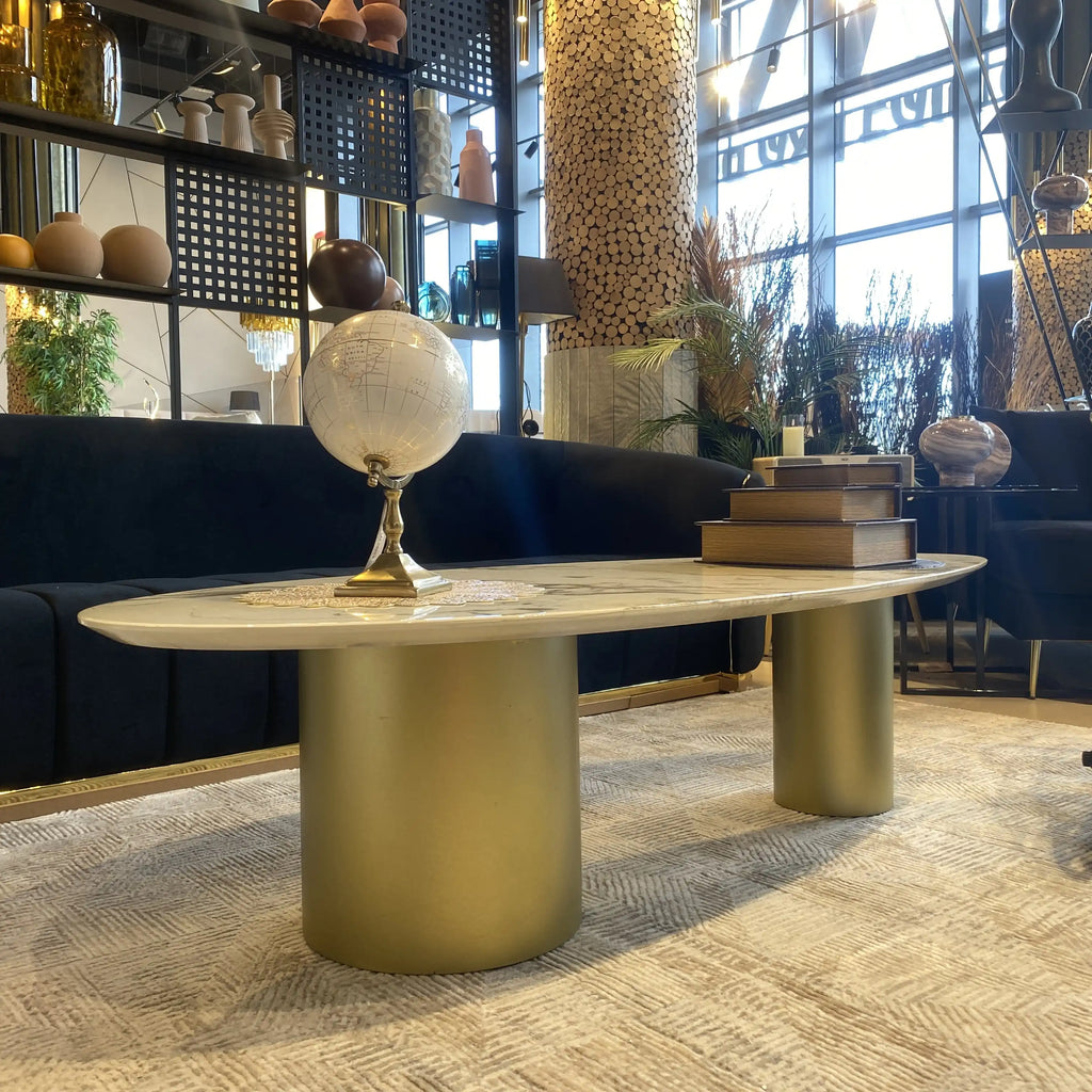Kinder oval epoxy coffee table with gold veining on gold cylinders, view 8