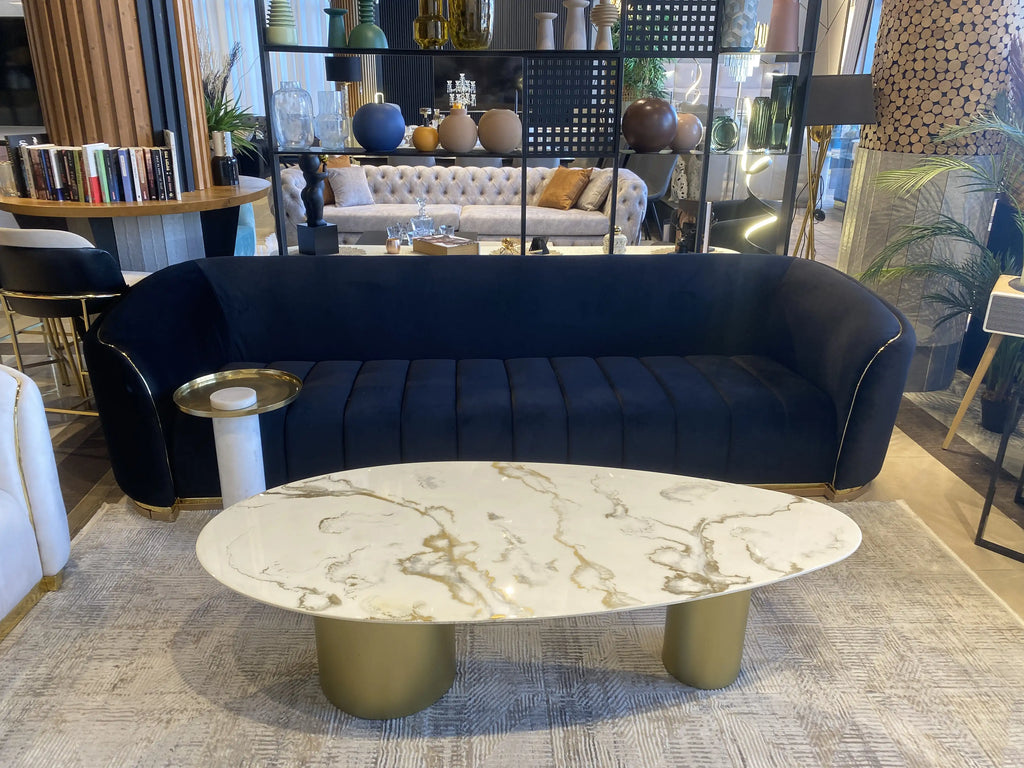 Kinder oval epoxy coffee table with gold veining on gold cylinders, view 4