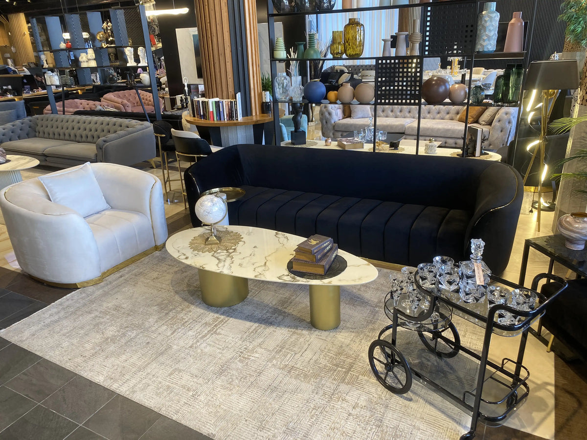 Kinder oval epoxy coffee table with gold veining on gold cylinders, view 5