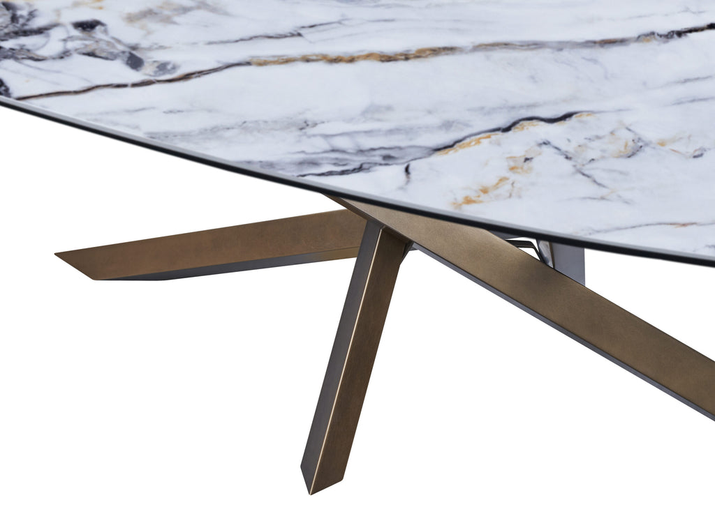 Oliver oval marble look porcelain dining table on crossed bronze base, view 4