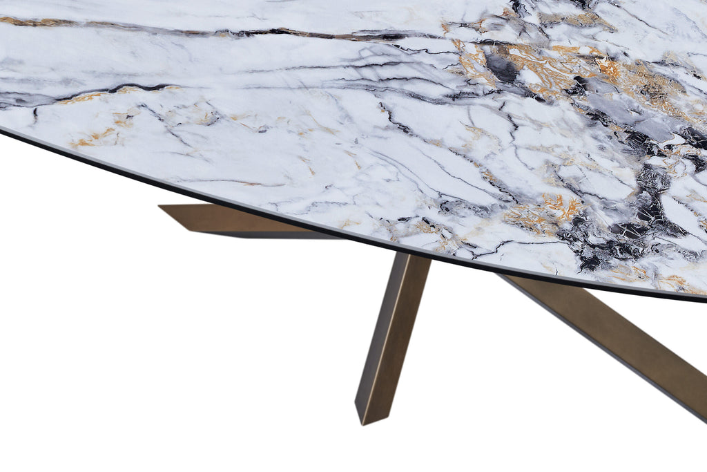 Oliver oval marble look porcelain dining table on crossed bronze base, view 3