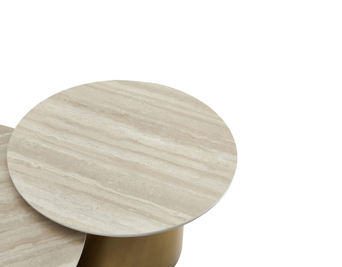 Mor pair of round travertine look porcelain coffee tables, view 3