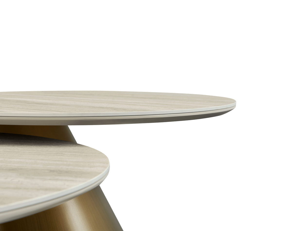 Mor pair of round travertine look porcelain coffee tables, view 4