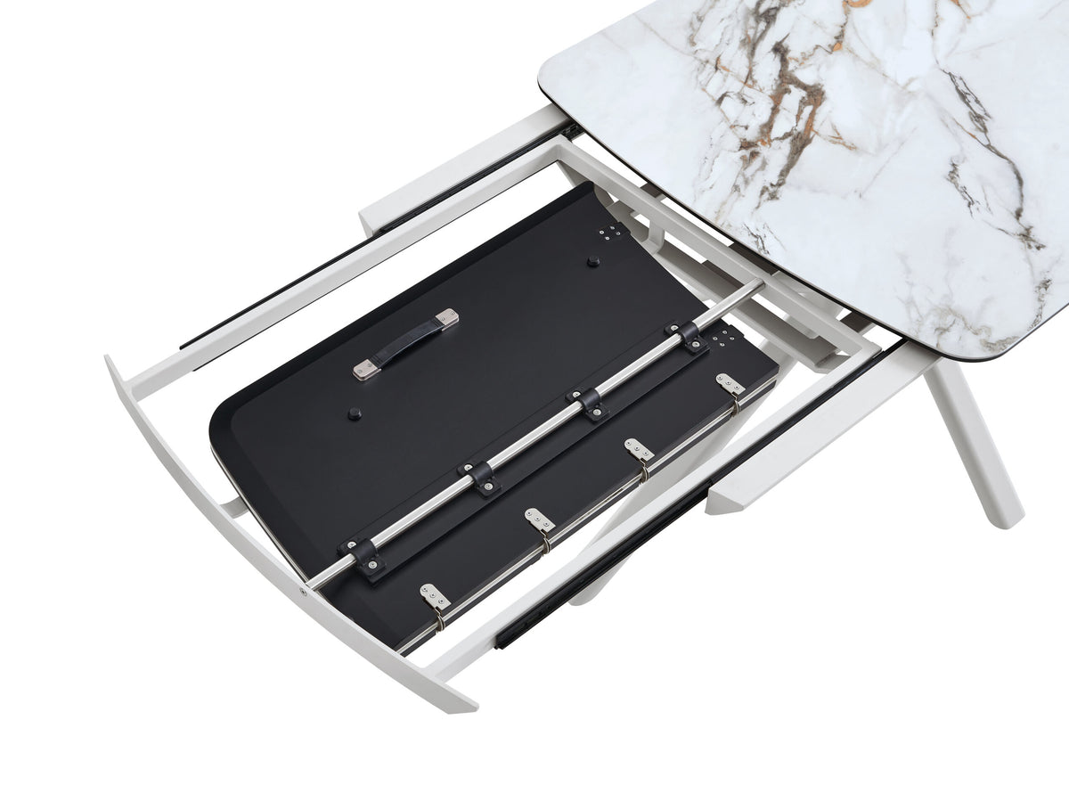 Solitaire extendable marble look porcelain dining table on white star base, view 4