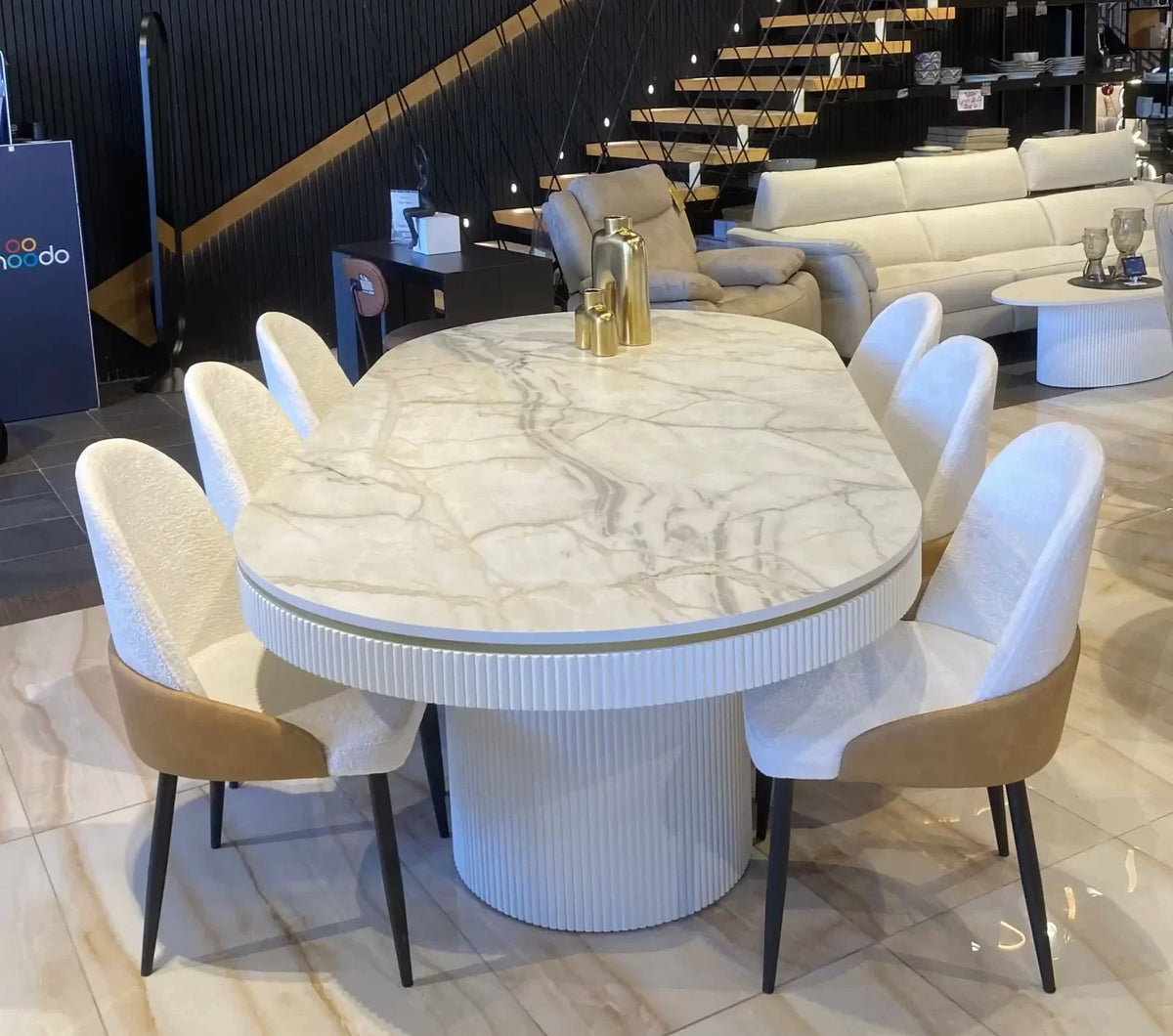 Orlando oval dining table with fluted apron and pedestals, view 10