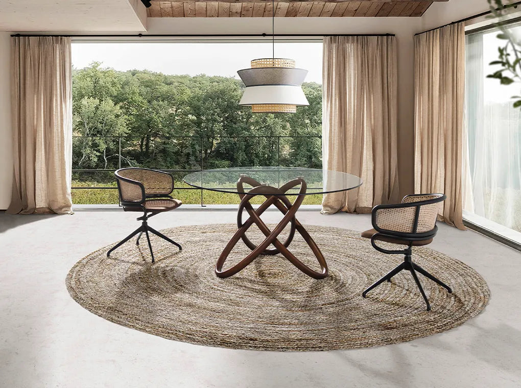 Orian round glass dining table on sculptural interlocking wood rib base, view 7