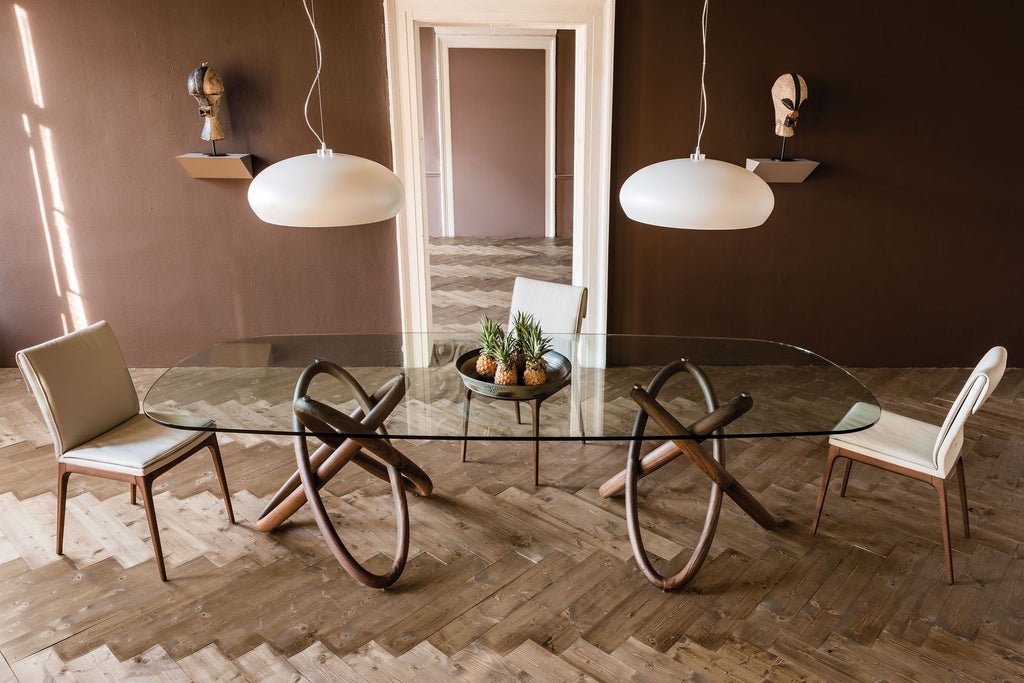 Orian rectangular glass dining table on sculptural interlocking wood base, view 4