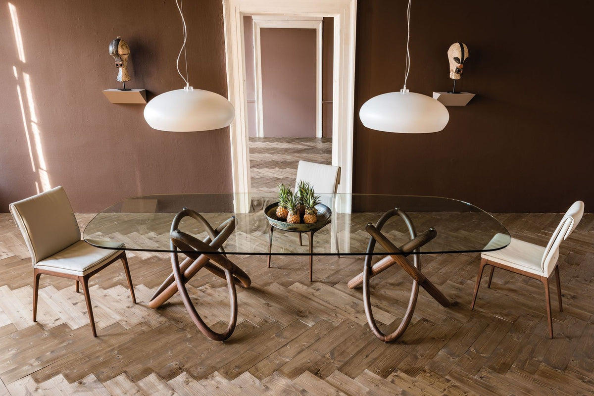 Orian rectangular glass dining table on sculptural interlocking wood base, view 4