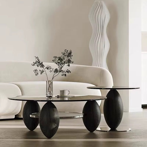 Black Gaia amber glass coffee tables on dark solid wood legs, view 2