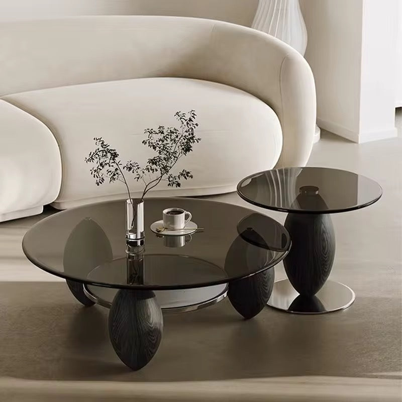 Black Gaia amber glass coffee tables on dark solid wood legs, view 3