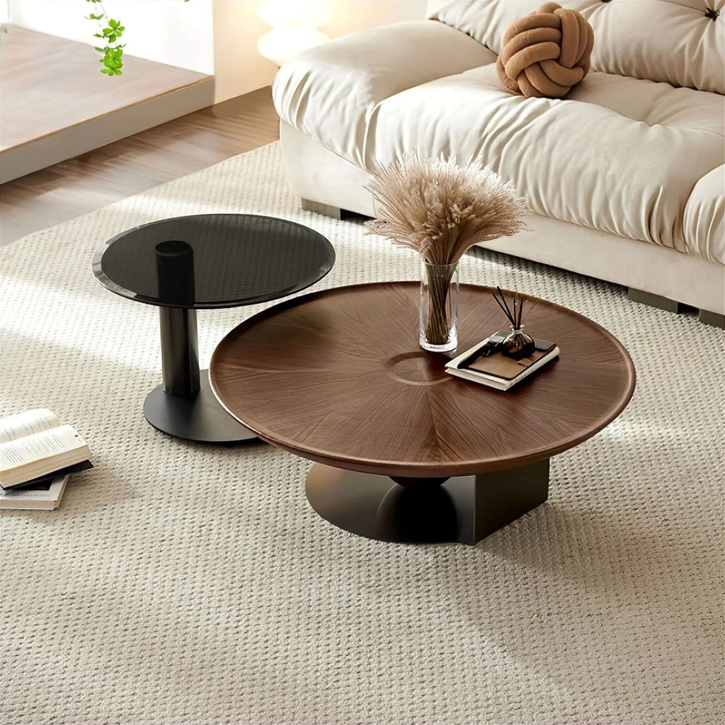 Valeria nesting walnut coffee tables on black metal bases, view 3
