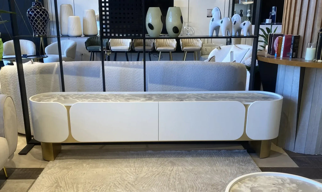 Cancun long low cream media console with gold feet, view 3