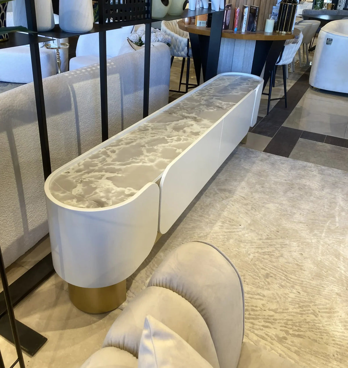 Cancun long low cream media console with gold feet, view 4