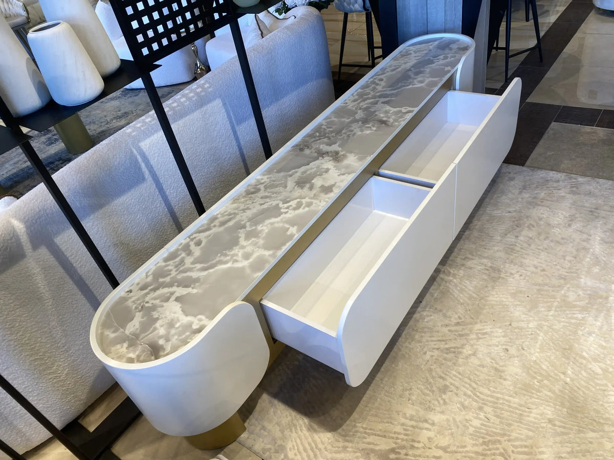 Cancun cream media console and oval coffee table set with gold feet, view 4