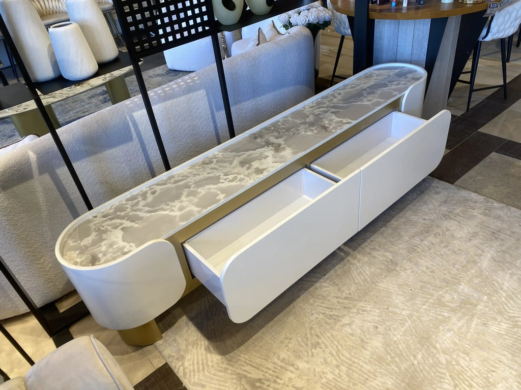 Cancun long low cream media console with gold feet, view 5